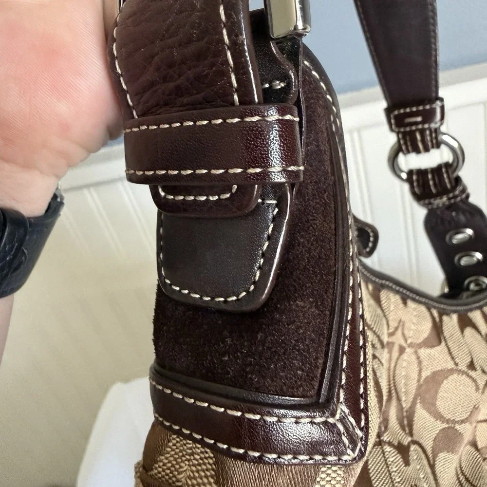 Vintage Coach Signature Jacquard Small Soho Hobo Bag Brown Tan Leather Y2K Purse